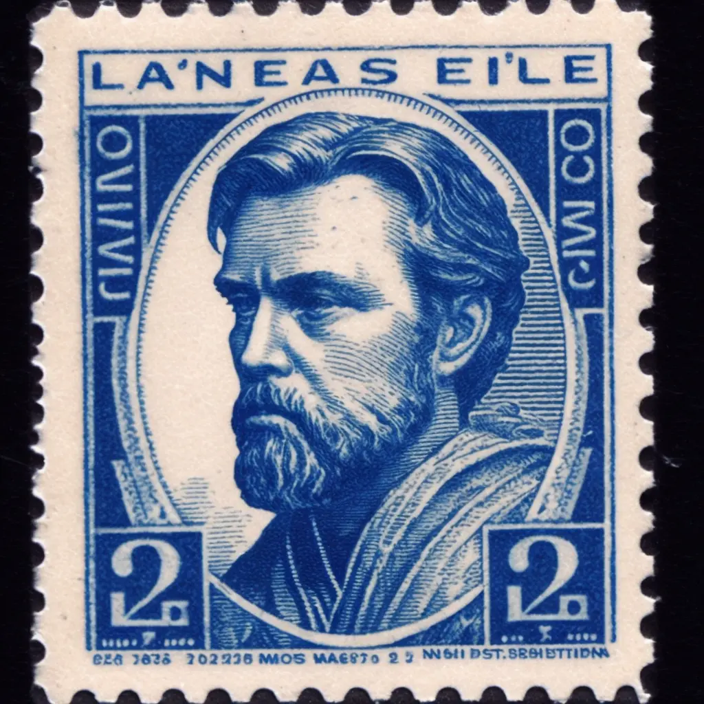 vintage United States Postage Stamp, 2 cent stamp, Obi Wan Kenobi, blue ink, line engraving, intaglio